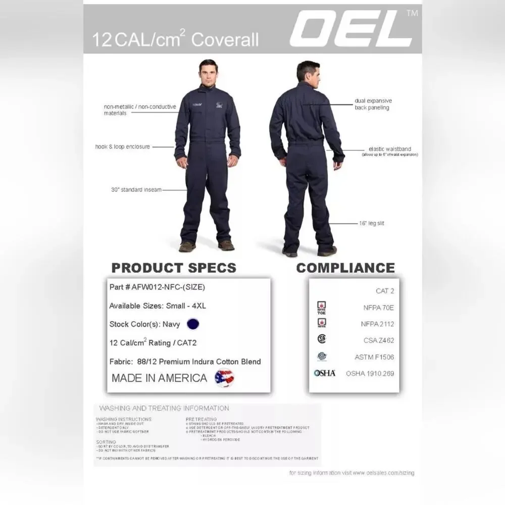 OEL Arc Flash Wear 12 CAL CM2 Navy Blue Electrician Safety Work Wear Coverall 2X